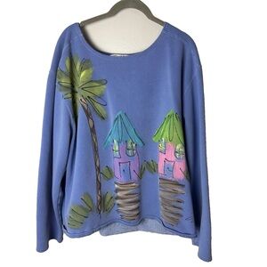 Victoria Sweatshirt Size Large Looks Handpainted Tropical Cotton Blend Palm Tree